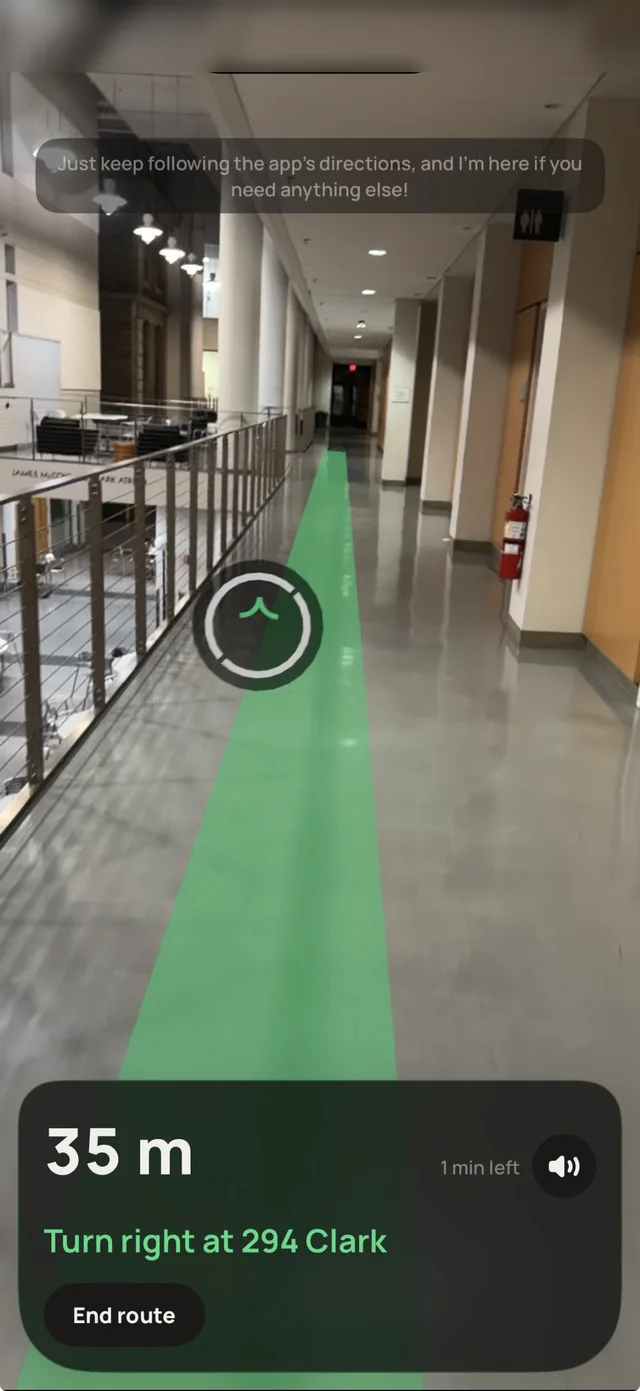 AR trail down a corridor: 35 m, turn right at 294 Clark
