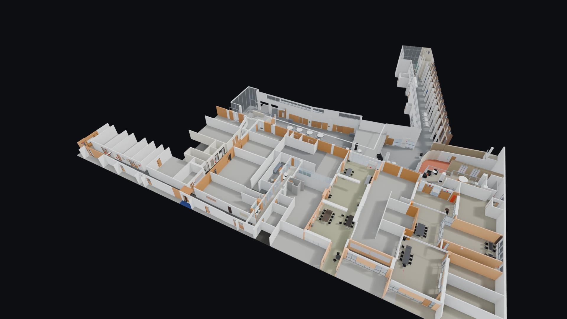 3D scan of PSB and Clark Hall with three routes traced from the atrium