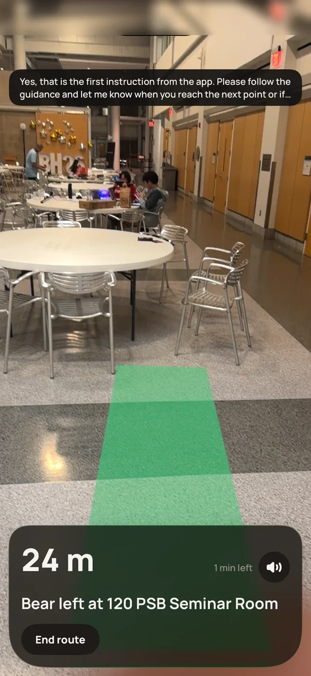 AR view of the PSB atrium with a green trail on the floor